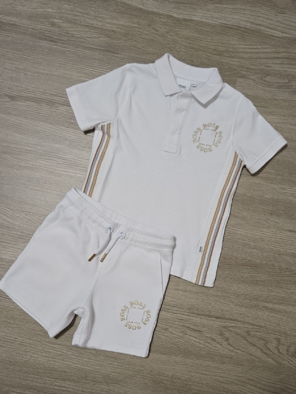 Boss White Kids Polo & Shorts Set with Gold Accents, Size 3y